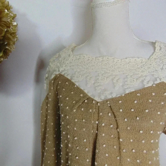 Altar'd State Women's Tan Pom Pom Embroidered Lace Trim Sweater Dress SIZE S - Picture 8 of 14